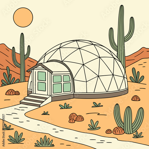 Desert geodesic dome home with cacti and sun
