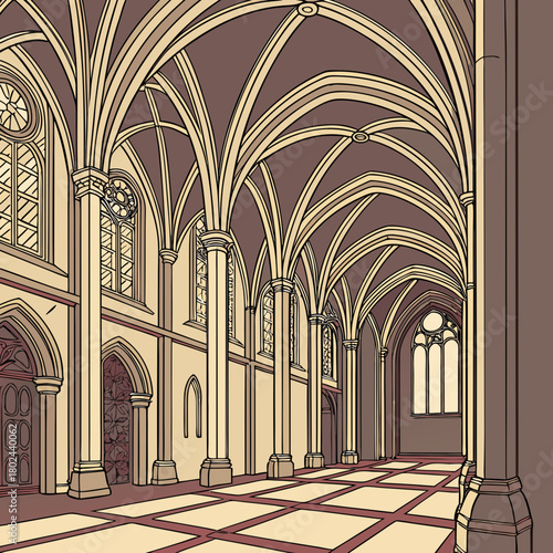 Gothic cathedral interior with arched hallway and stained glass windows