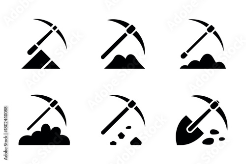 Set of icons representing digging with a pickaxe and shovel in the earth.