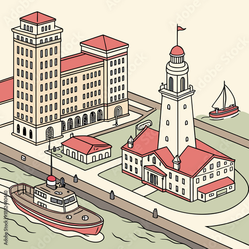 Isometric illustration of a coastal city with buildings and a boat