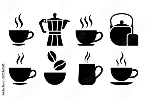 Collection of steaming coffee cups, a moka pot, coffee beans, and a teapot illustration.