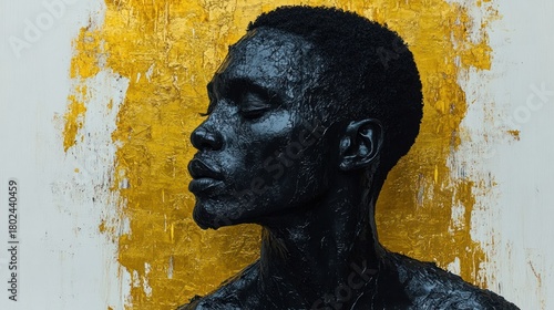 A striking profile of a man with black paint on his skin against a golden backdrop
