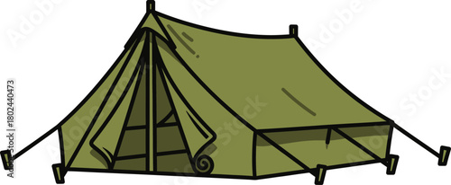 Green canvas tent with rolled up sleeping bag inside camping outdoors