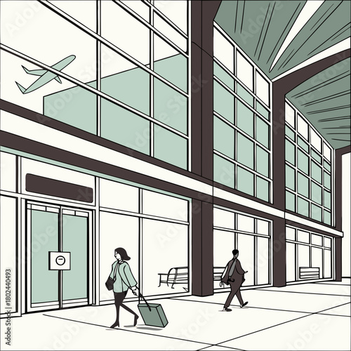 Modern airport terminal with travelers and airplane view