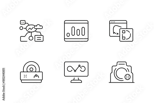 A collection of six technology and data icons is displayed against a white background.