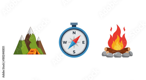 Adventure icons: camping tent, compass, campfire in flat design