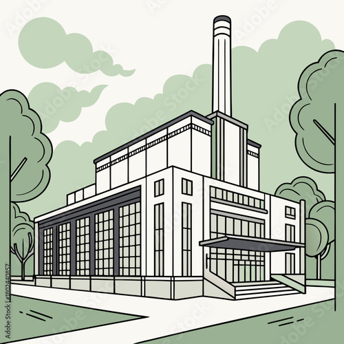 Modernist industrial building with tall chimney and trees