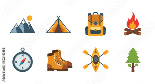 Camping adventure icons featuring mountains, backpack, campfire, and more