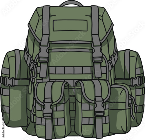 Green tactical backpack with multiple pockets and straps on white background military