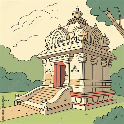 Ornate stone temple entrance with grand staircase and lush greenery