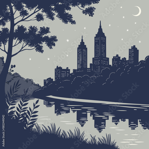 Nighttime cityscape reflection with crescent moon and stars