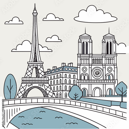 Parisian skyline with eiffel tower and notre dame cathedral