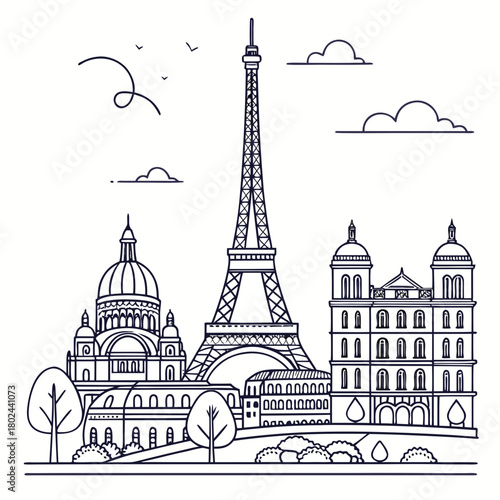Parisian skyline with eiffel tower and sacre coeur basilica line art