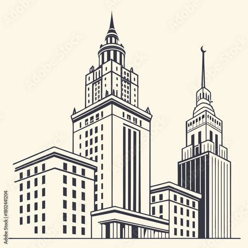 Stylized drawing of iconic stalinist empire style skyscrapers