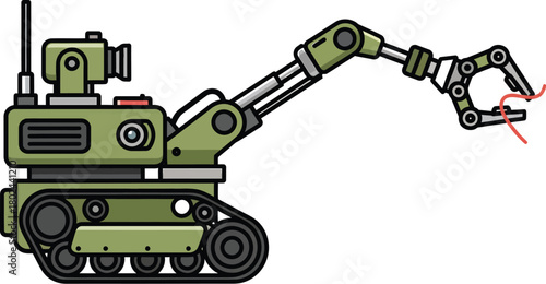 Green tracked robot with camera and articulated arm holding red wire vehicle machine