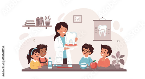 Dentist Teaching Children About Dental Health and Tooth Care with a Model Tooth