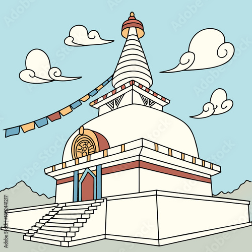 Stylized buddhist stupa with prayer flags and clouds
