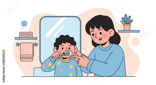 Caring mother teaching her young son how to brush his teeth in the bathroom. A flat vector illustration of a family's daily dental hygiene routine and parenting