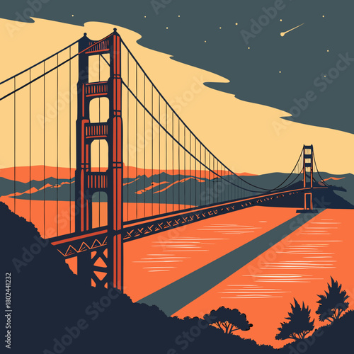 Stylized golden gate bridge at dusk with a shooting star