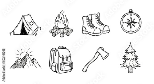 Hand drawn camping icons: tent, campfire, boots, and wilderness essentials