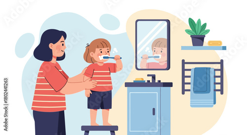 Mom Helping Child Brush Teeth in Bathroom Illustration