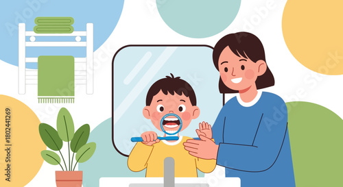 A mother patiently teaches her young son the proper way to brush his teeth, promoting good oral hygiene habits in a bright bathroom setting