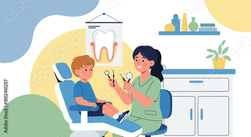 Friendly Pediatric Dentist Examines Young Boy's Teeth During a Routine Check-up in a Modern and Welcoming Dental Clinic Setting