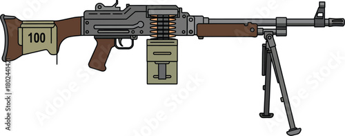 Machine gun with ammunition box bipod and stock marked 100 weapon military