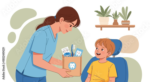Friendly female dentist gives a dental care gift bag to a happy young boy sitting in a clinic chair after a successful checkup