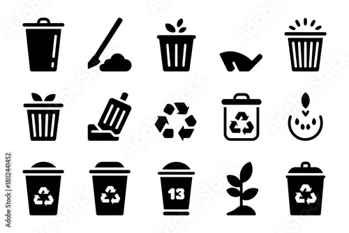 A collection of icons depicting garbage cans and recycling symbols represents waste management.