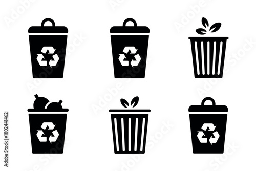 A collection of six stylized trash cans with recycling symbols and leaves.