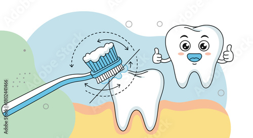 Dental hygiene concept showing how to properly brush teeth with a toothbrush, featuring a smiling cartoon tooth character giving a thumbs up