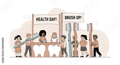 Children engage in an interactive health day, learning about dental hygiene with oversized toothbrushes and teeth models, promoting essential oral care habits for a healthy smile