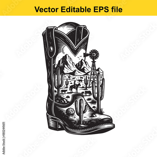 Cowboy boot with a desert landscape scene inside, including mountains, cacti, windmill, and a cowboy on horseback