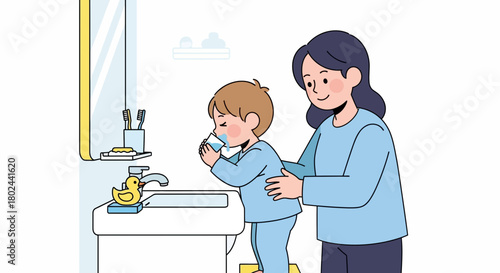 Child's Health Mother Supervising a Child Drinking Water in the Bathroom