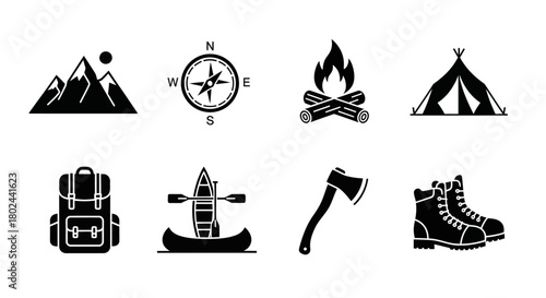 Camping and adventure icons: mountains, compass, campfire, tent, backpack, canoe, axe, boots