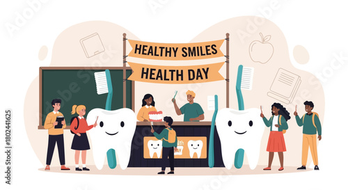 Children learning about dental hygiene and oral health at a community 'Healthy Smiles Health Day' educational event
