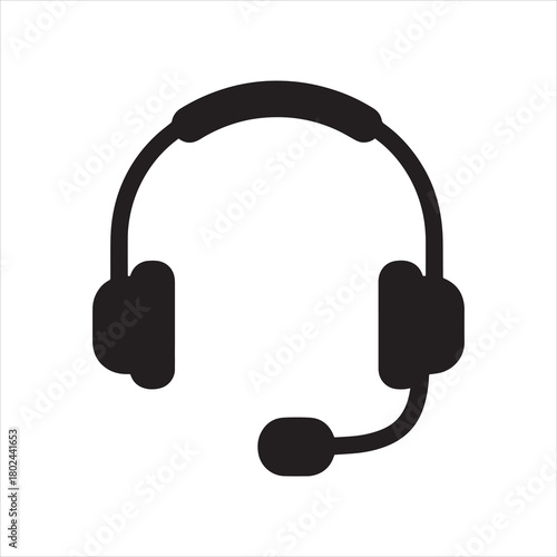 Headset with Microphone Vector Icon Black Silhouette Isolated on White Background
