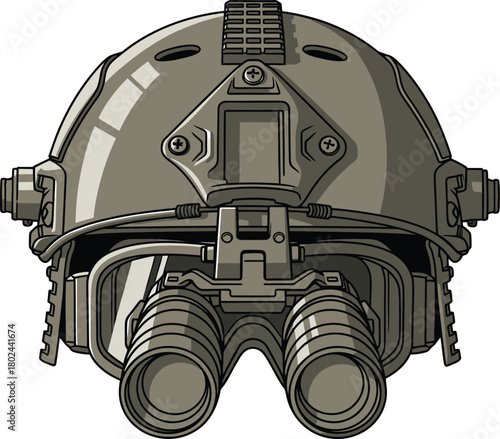 Military tactical helmet with night vision goggles attached front view vector