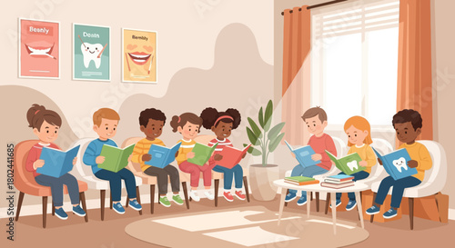 Children Gather for a Reading Session in a Bright, Welcoming Room with Dental Health Posters