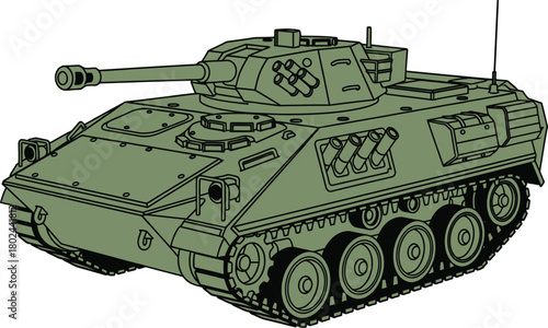Green military tank with cannon and missile launchers on white background vehicle