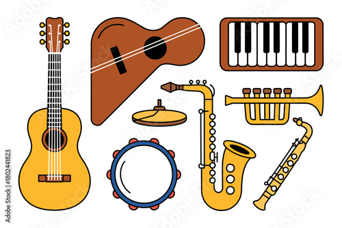 A collection of musical instruments is neatly arranged against a white background.