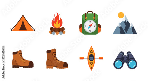 Outdoor adventure icons with camping gear, nature elements, and hiking symbols in flat design