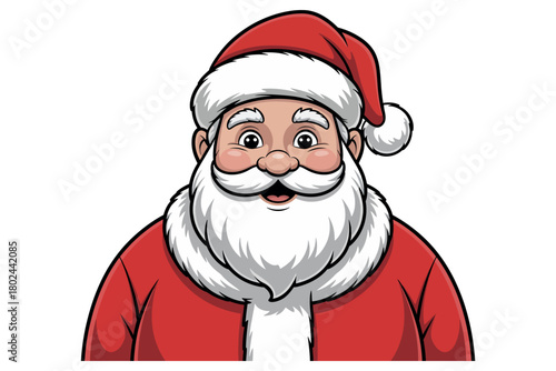 A cheerful cartoon illustration of Santa Claus with a white beard and red suit.