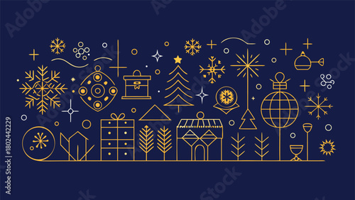 A blue Christmas and New Year card featuring elegant gold geometric shapes..eps