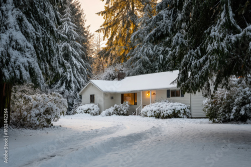 american house adorned with ultrabright christmas lights on roof stands proudly amidst snowy forest landscape