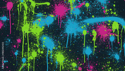 A vibrant abstract design featuring colorful paint splatters, drips, and speckles on a dark background