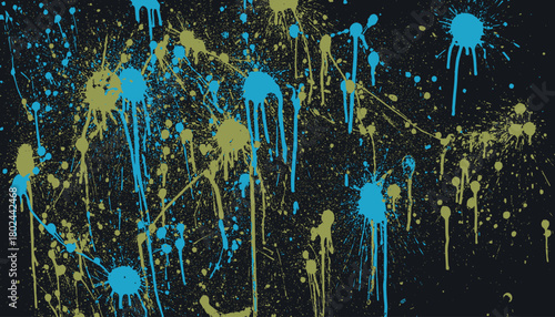 Abstract artistic splash design featuring teal and olive-green paint drips and splatters on dark backdrop