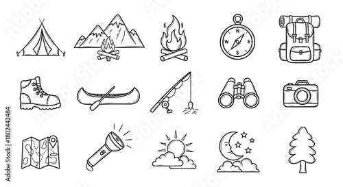 Essential camping icons: outdoor adventures in simple black and white design