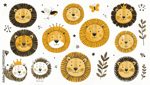 Whimsical illustrations feature a variety of lion faces, crowns, butterflies and floral accents, on white